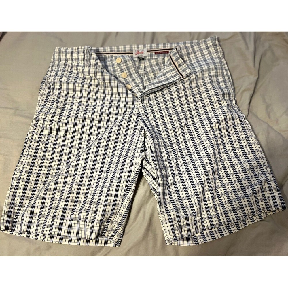 JACHS Mens Casual Shorts Size 36 White W Blue Striped Pattern  Button Fly Patch